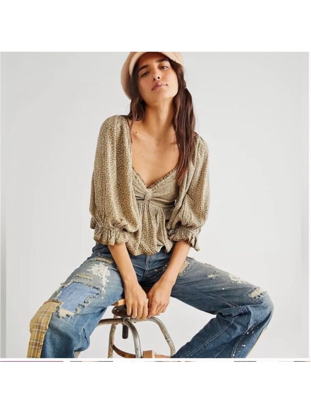 Free People Olive Floral Smocked Babydoll Top